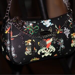 Ed Hardy Black Multicolor Tattoo Shoulder Bag
